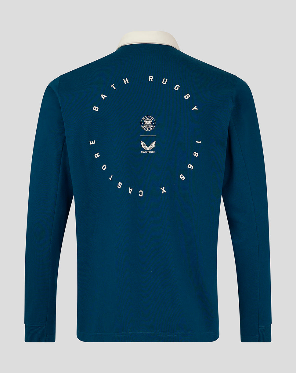 Back view of teal Bath Rugby Men's Dual Branded jersey showcasing circular emblem on upper back