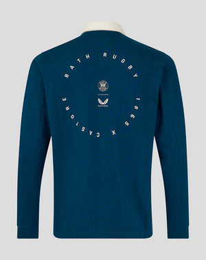 Back view of teal Bath Rugby Men's Dual Branded jersey showcasing circular emblem on upper back