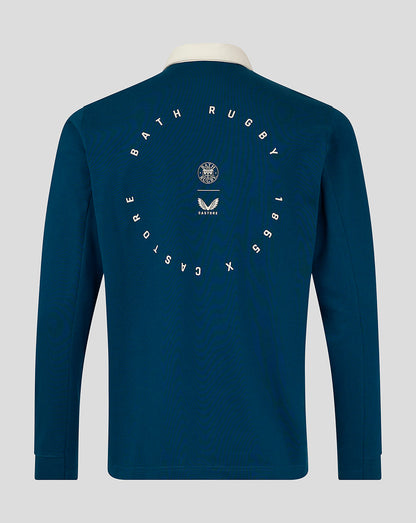 Back view of teal Bath Rugby Men's Dual Branded jersey showcasing circular emblem on upper back