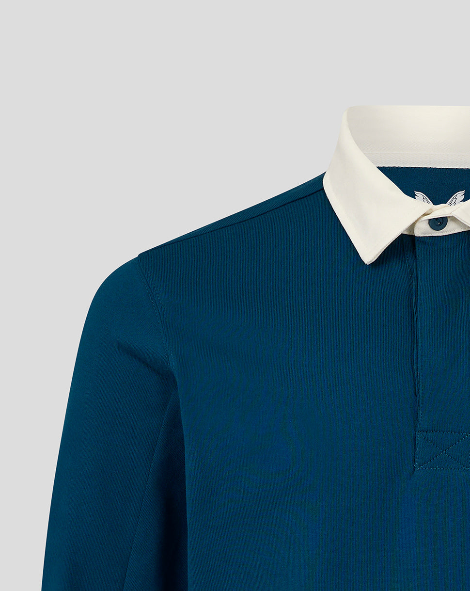Teal Bath Rugby jersey shoulder and chest area with white collar and placket.