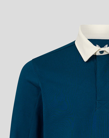 Teal Bath Rugby jersey shoulder and chest area with white collar and placket.