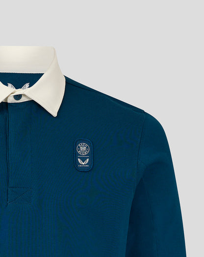 Teal Bath Rugby jersey close up with white collar and left chest badge.