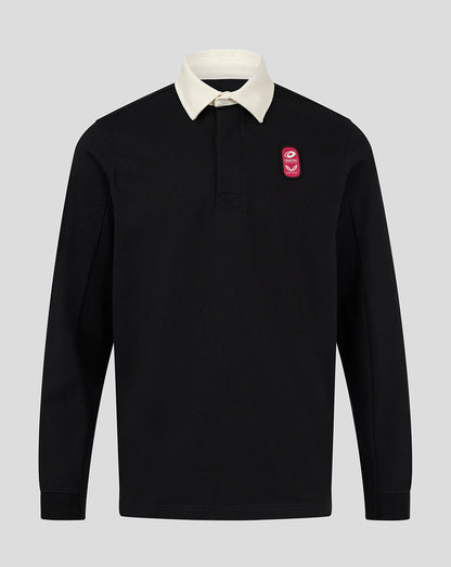 Front view of black Saracens rugby jersey with cream collar and crest badge on the chest