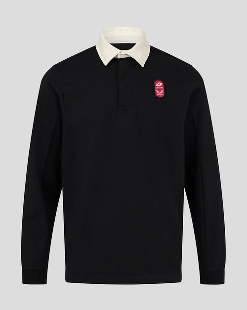 Front view of black Saracens rugby jersey with cream collar and crest badge on the chest