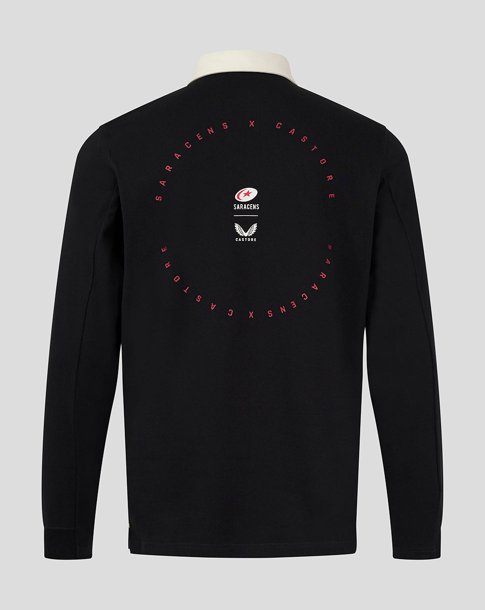 Back view of black Saracens rugby jersey with circular red text design and small logos on the upper back