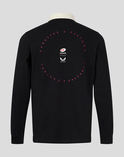 Back view of black Saracens rugby jersey with circular red text design and small logos on the upper back