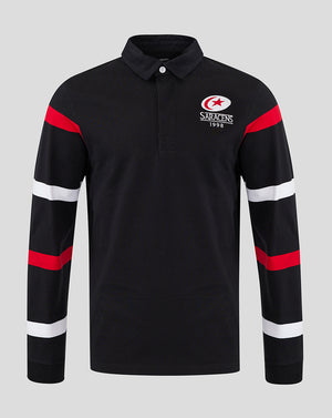 Saracens retro rugby jersey in black with red and white striped sleeves and crest