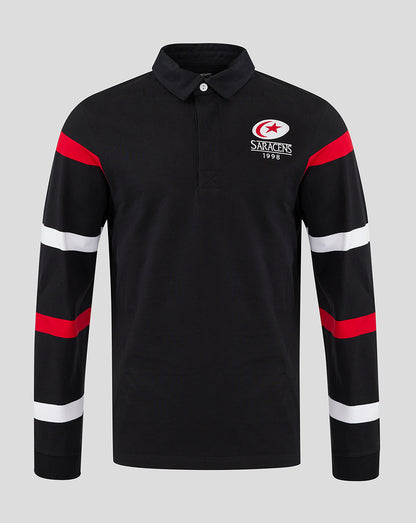 Saracens retro rugby jersey in black with red and white striped sleeves and crest