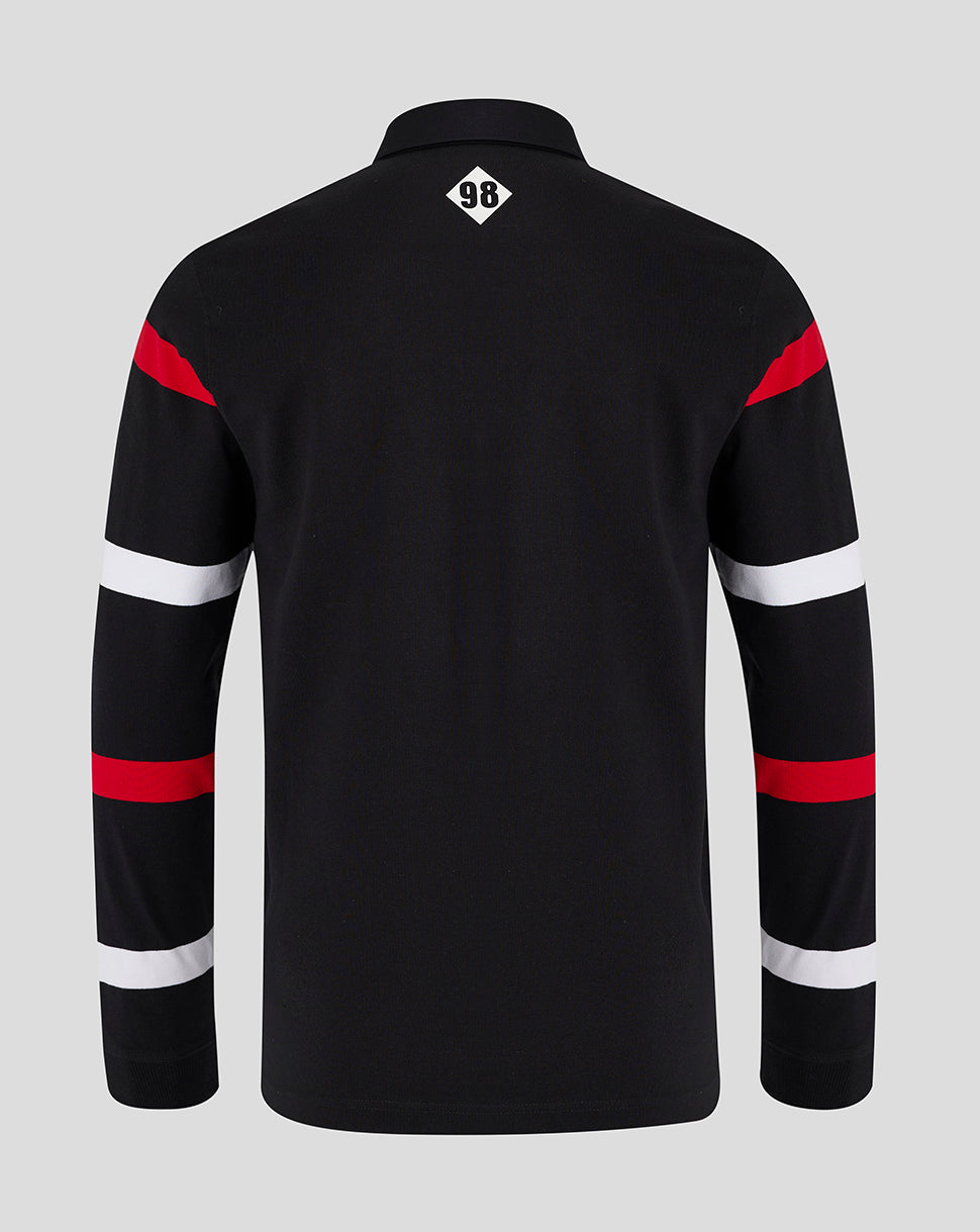 Back view of black Saracens retro rugby jersey with red and white sleeve stripes and a small 98 diamond at the neck
