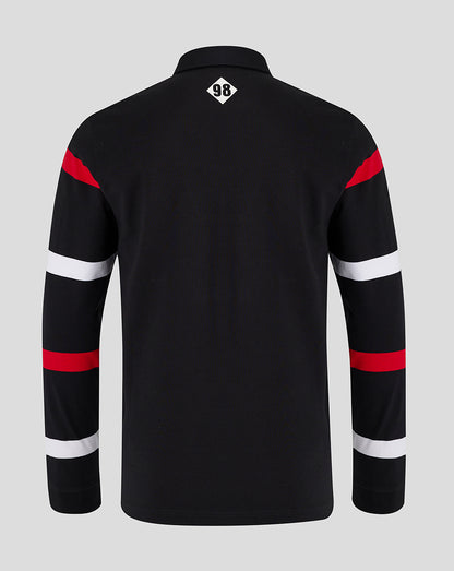 Back view of black Saracens retro rugby jersey with red and white sleeve stripes and a small 98 diamond at the neck