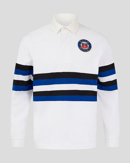 Front view of white Bath Rugby Retro Rugby Shirt with blue and black horizontal stripes and left chest crest