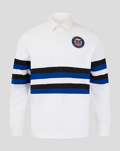 Front view of white Bath Rugby Retro Rugby Shirt with blue and black horizontal stripes and left chest crest