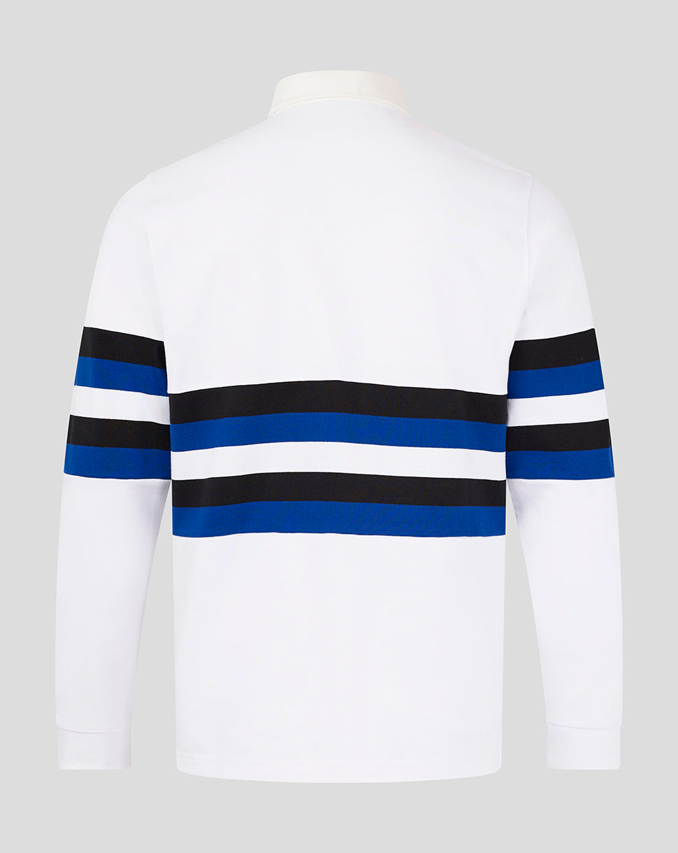 Back view of white Bath Rugby shirt with blue and black stripes across the midsection and sleeves