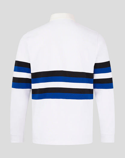 Back view of white Bath Rugby shirt with blue and black stripes across the midsection and sleeves