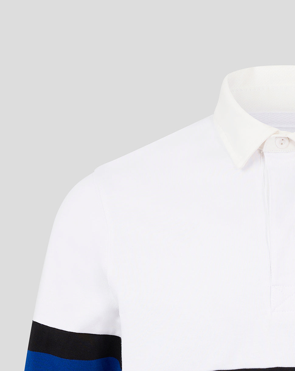 White Bath Rugby retro jersey shows collar and concealed placket on the chest area.
