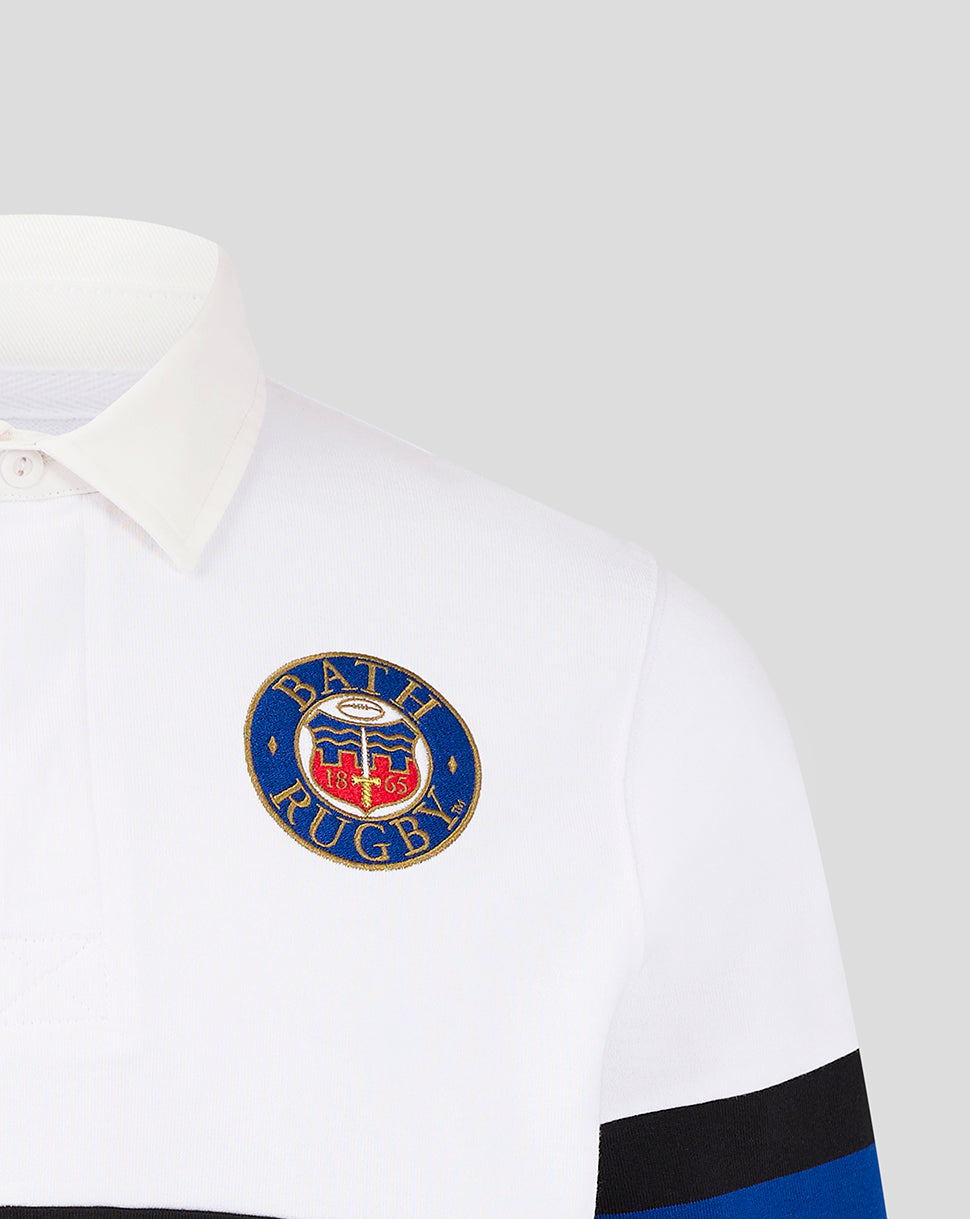 Bath Rugby crest on a white collared rugby shirt left chest