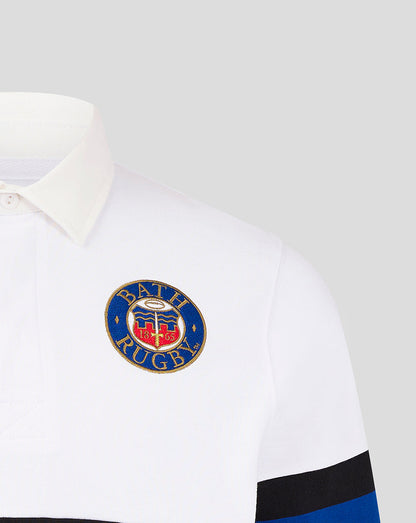Bath Rugby crest on a white collared rugby shirt left chest