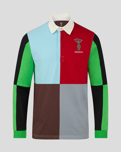 Harlequins retro rugby shirt with multicolor patchwork panels and white collar, crest on the chest.