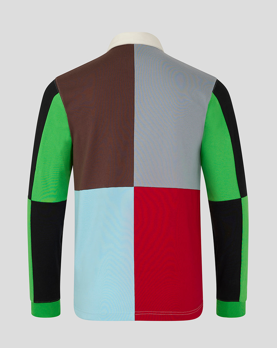 Harlequins back view rugby shirt with patchwork color blocks in brown gray light blue and red with green sleeves