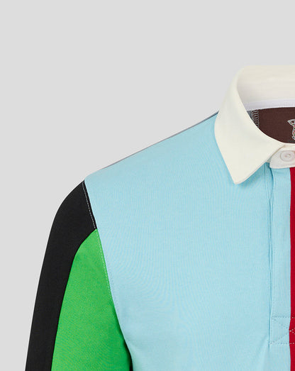 Harlequins men's retro rugby shirt close up showing color block design with light blue body cream collar and bold sleeve panels