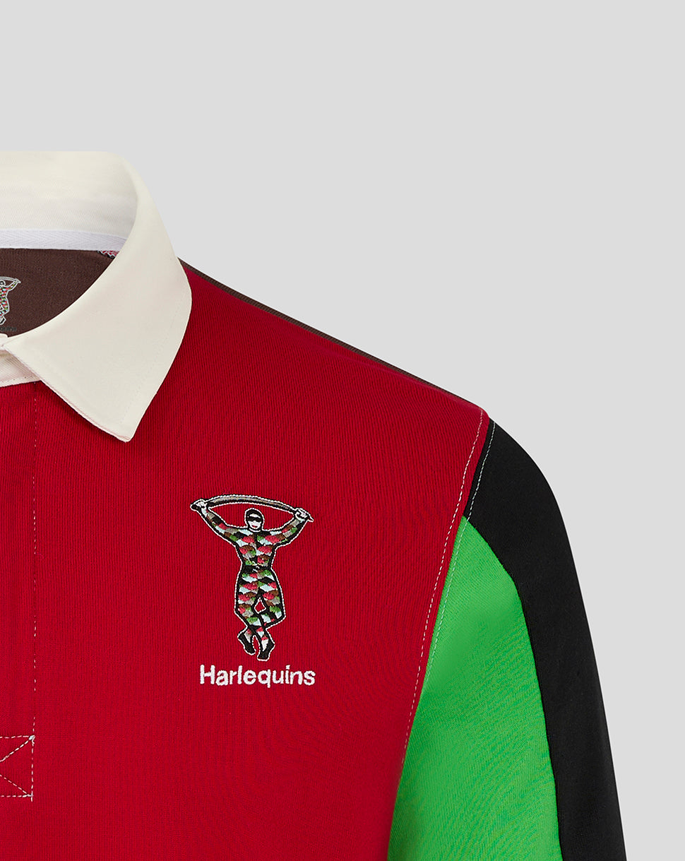Red Harlequins retro rugby shirt with white collar and embroidered crest on the chest.