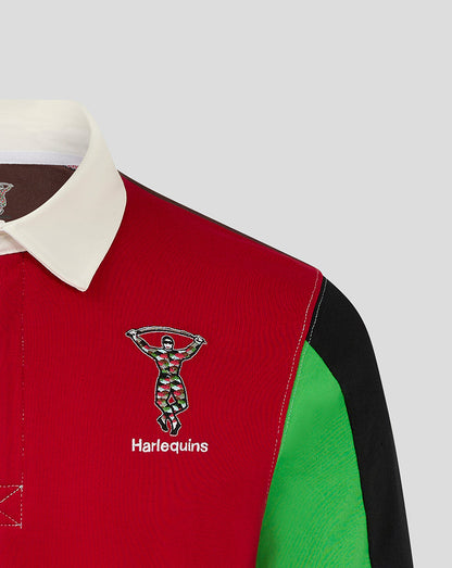 Red Harlequins retro rugby shirt with white collar and embroidered crest on the chest.
