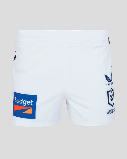 Sydney Roosters 2025 men's home pro shorts in white with team crest and Budget sponsor panel