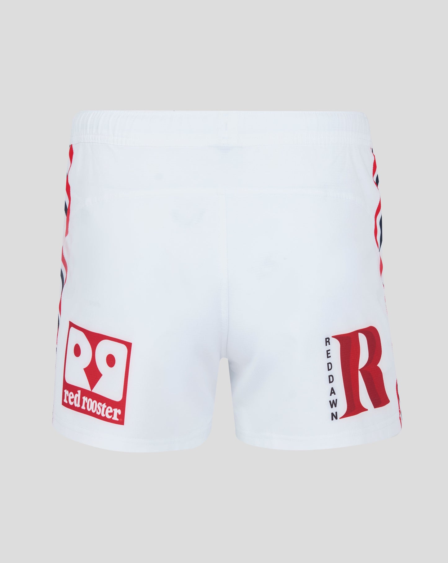 White Sydney Roosters 2025 men's home pro shorts with bold red rooster logos on the legs
