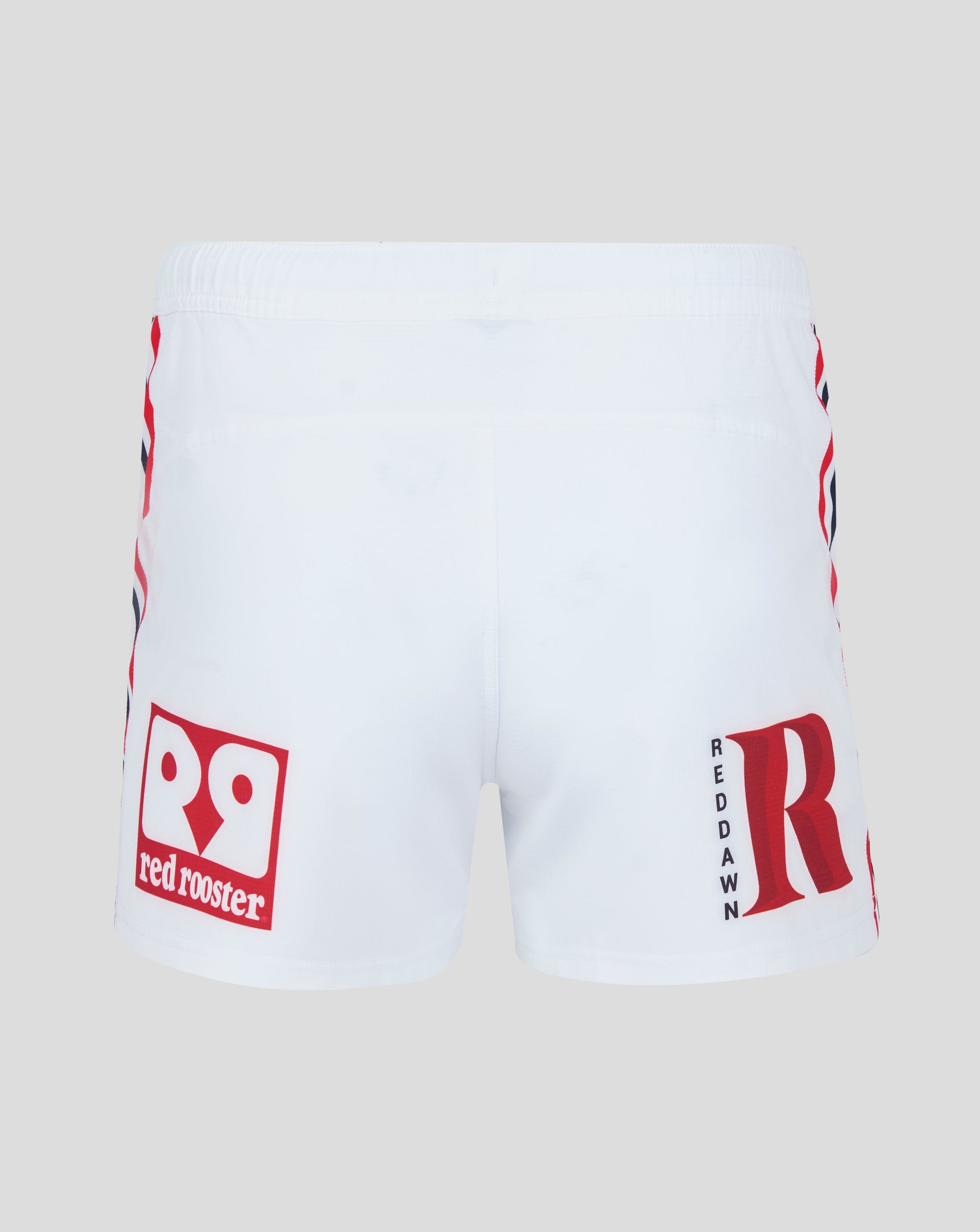 White Sydney Roosters 2025 men's home pro shorts with bold red rooster logos on the legs