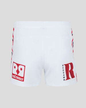 White Sydney Roosters 2025 men's home pro shorts with bold red rooster logos on the legs