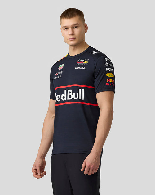 Male model wearing navy Oracle Red Bull Racing Set Up T-shirt with large Red Bull across chest and sponsor logos.
