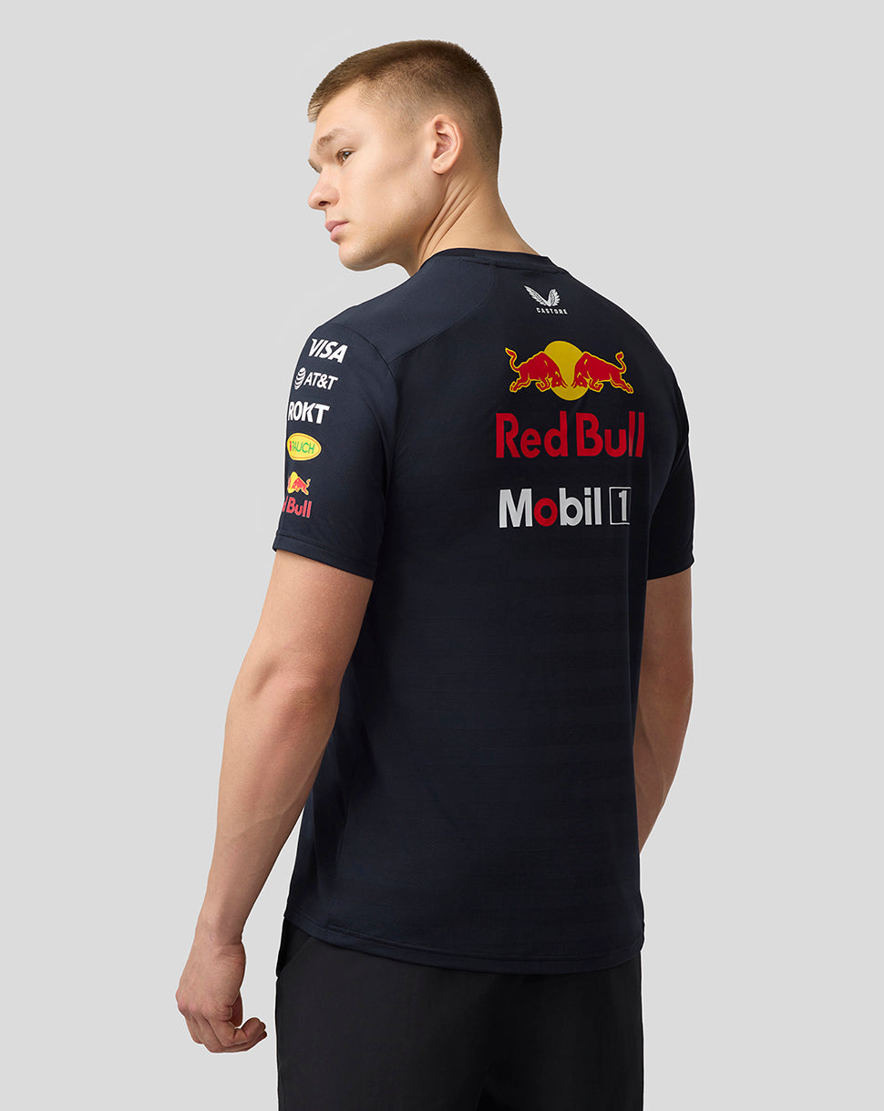 Back view of navy Set Up T-shirt worn by a male model with a large Red Bull logo on the back and sponsor logos on the sleeves.