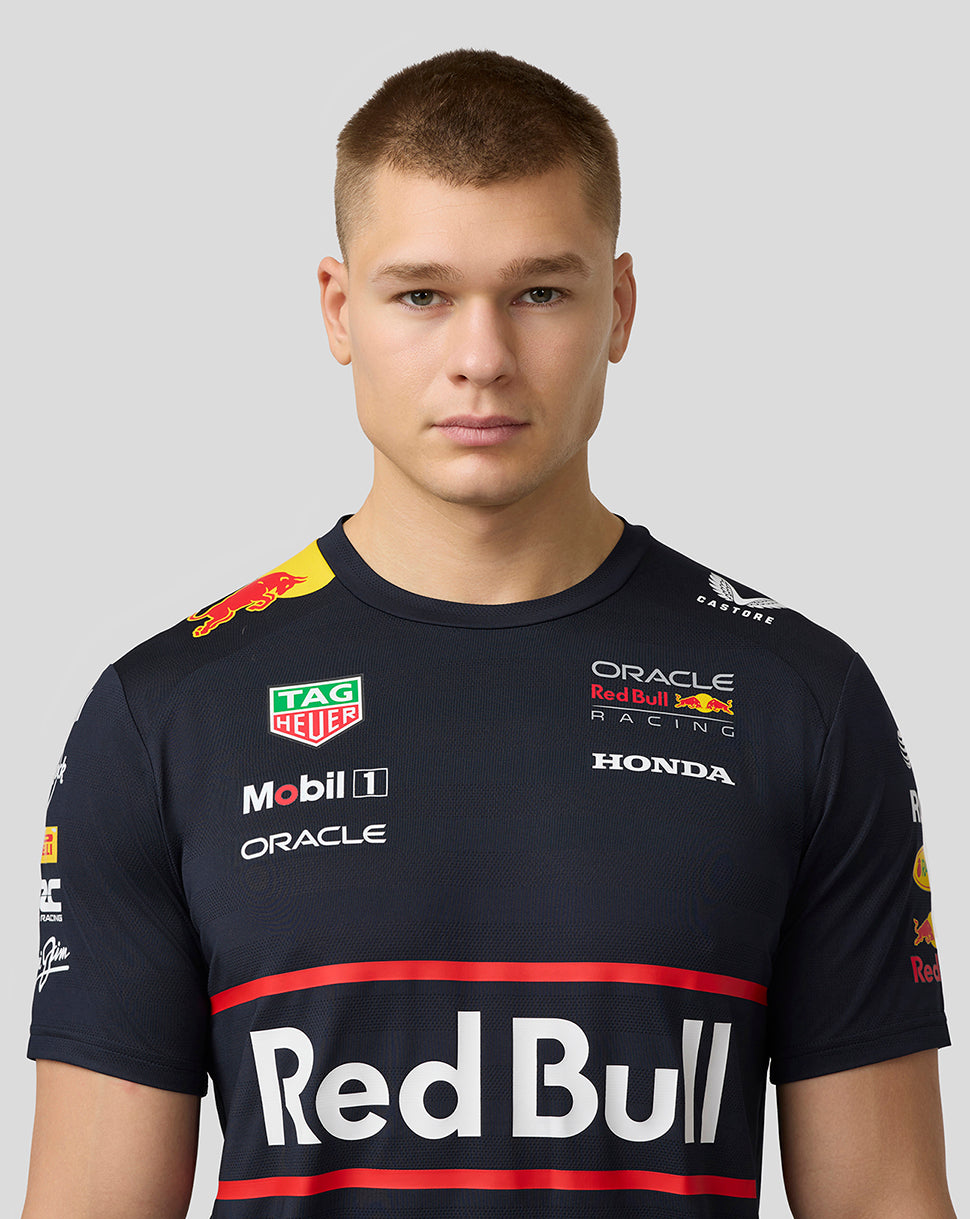 Male model wearing navy Oracle Red Bull Racing Set Up T Shirt in Night Sky with team logos across the chest