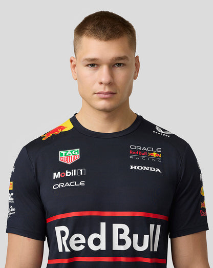 Male model wearing navy Oracle Red Bull Racing Set Up T Shirt in Night Sky with team logos across the chest