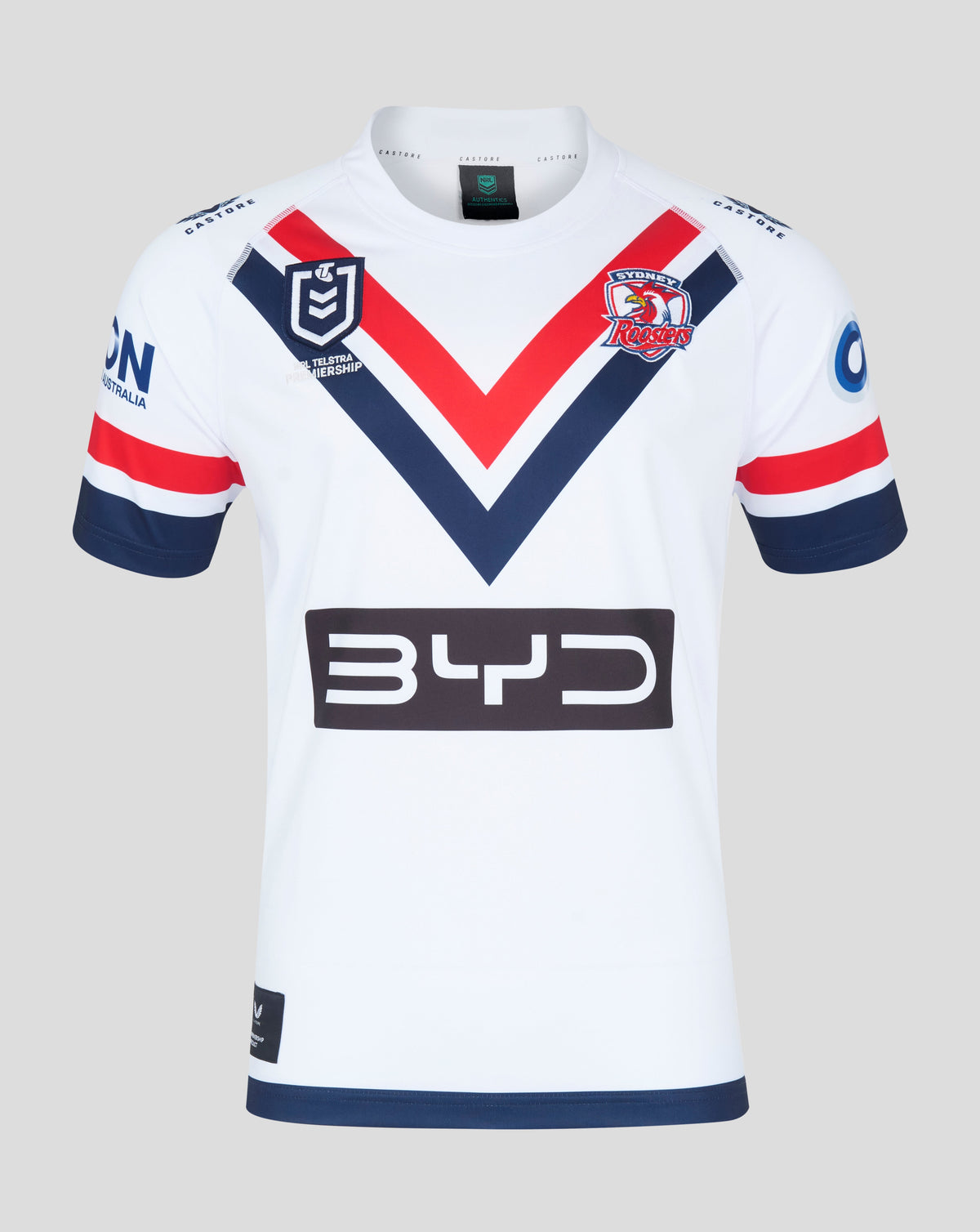 Front view of the white Sydney Roosters 2025 Men's Away Jersey showing red and navy chevron design, team crest and sponsor logos.