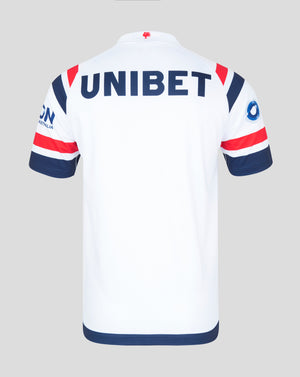 Back view of the white Sydney Roosters 2025 Men's Away Jersey with large UNIBET text and bold red navy chevron design.