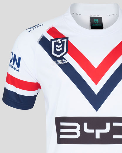 Sydney Roosters away jersey close up of shield crest on bold chevron design near the chest
