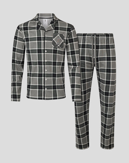 Harlequins men's long pajama set in gray plaid with button front shirt and drawstring pants