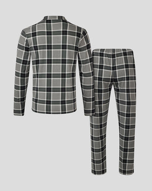 Back view of Harlequins Men's 24/25 long plaid pajama set in gray and black