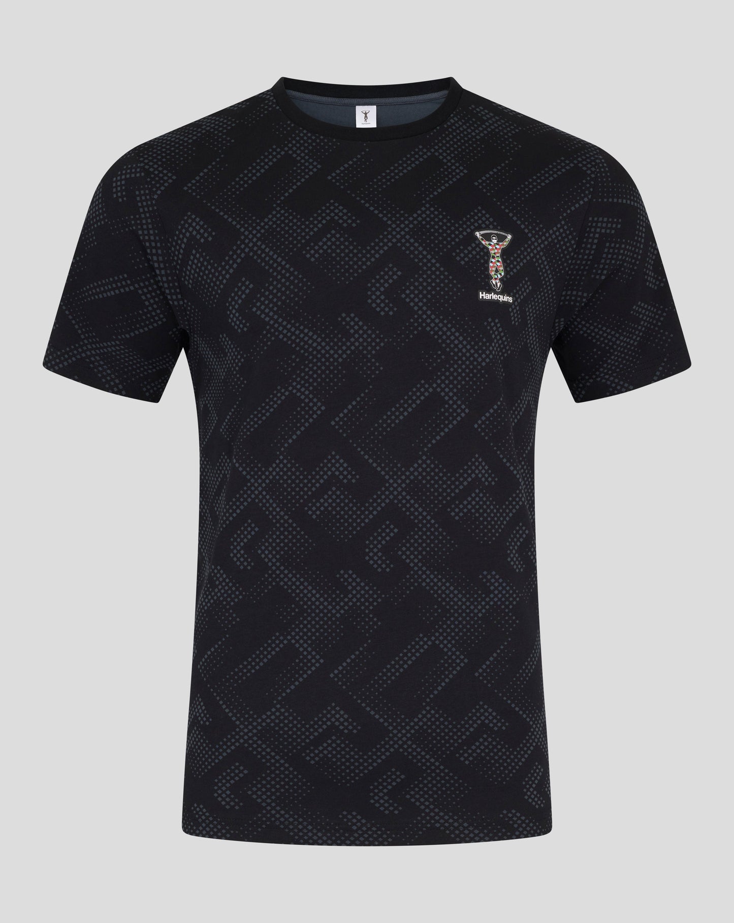 Harlequins men's black patterned short sleeve pajama top with small emblem on the chest
