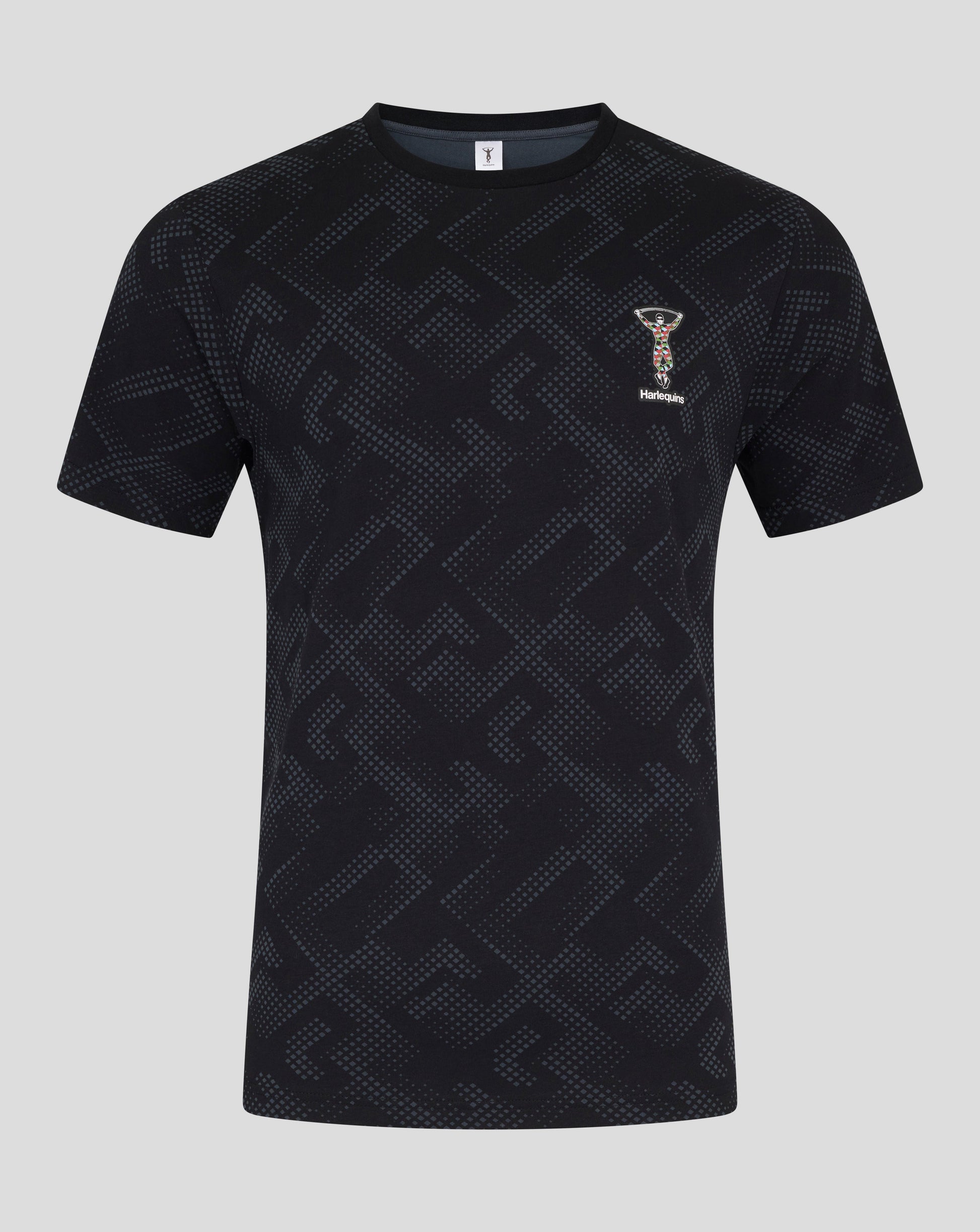 Harlequins men's black patterned short sleeve pajama top with small emblem on the chest