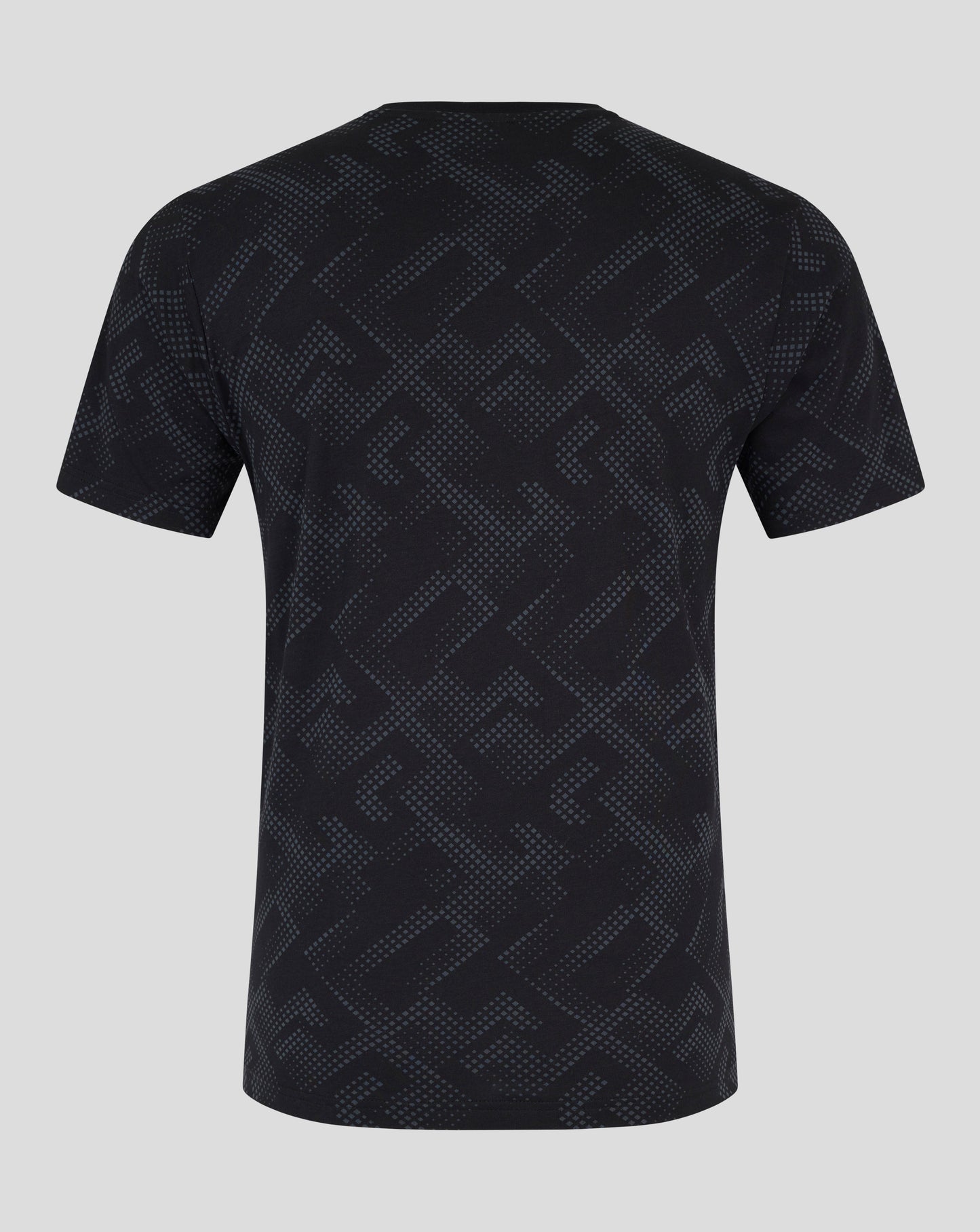 Back view of the navy pajama top showing the allover geometric print