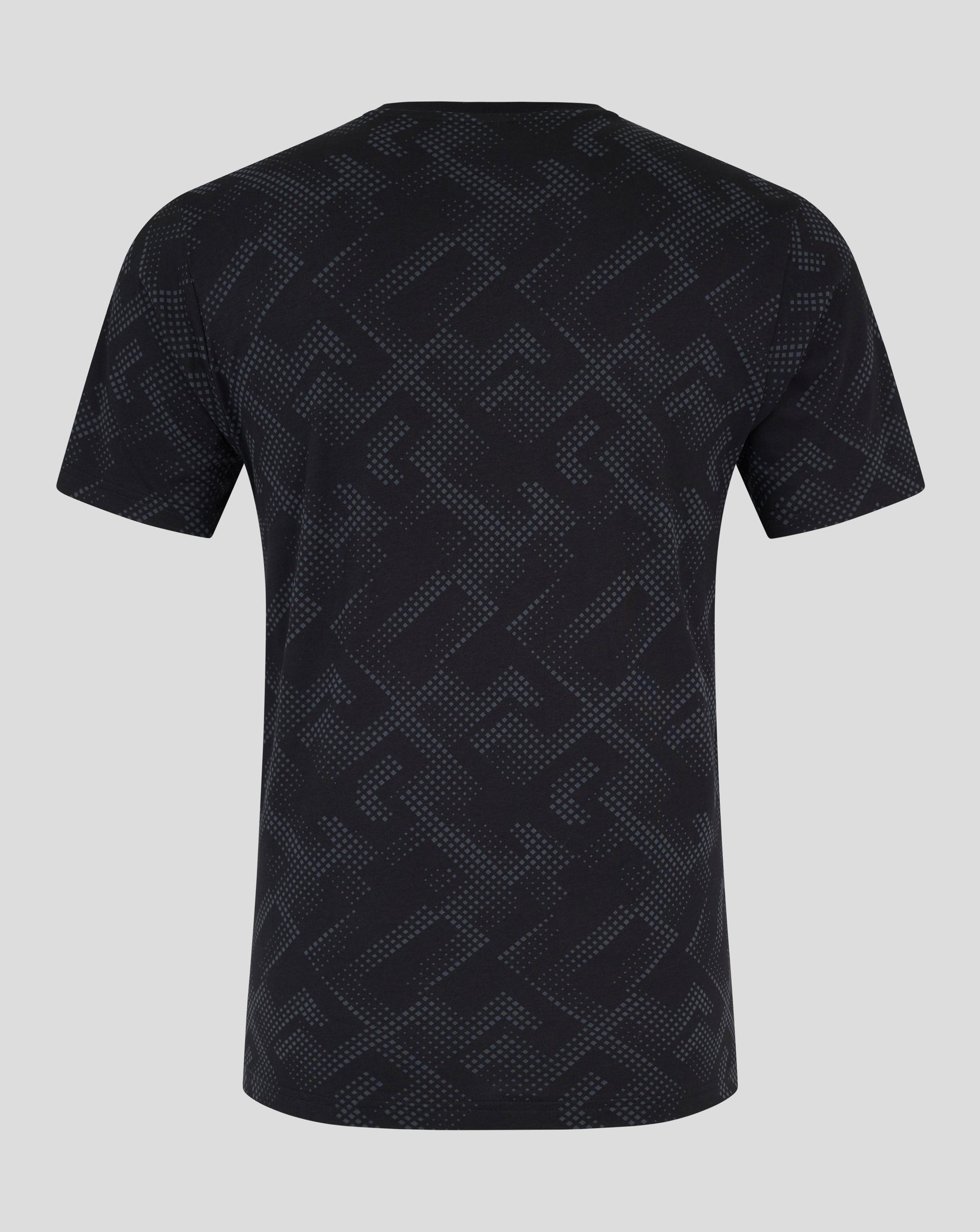 Back view of the navy pajama top showing the allover geometric print