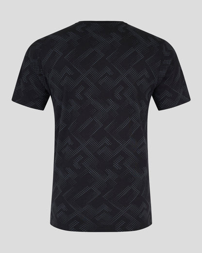 Back view of the navy pajama top showing the allover geometric print