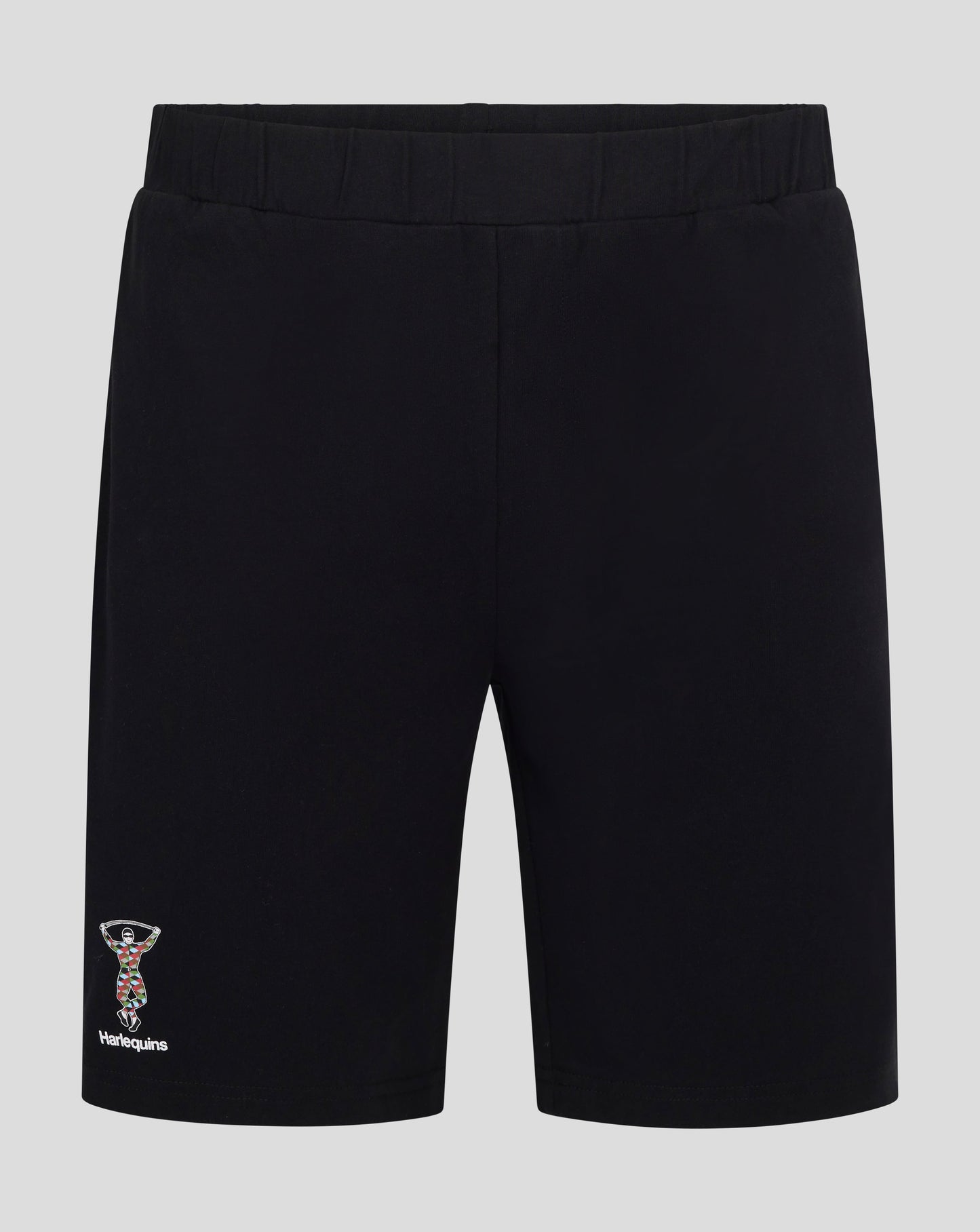 Back view of black Harlequins pajama shorts with an elastic waistband