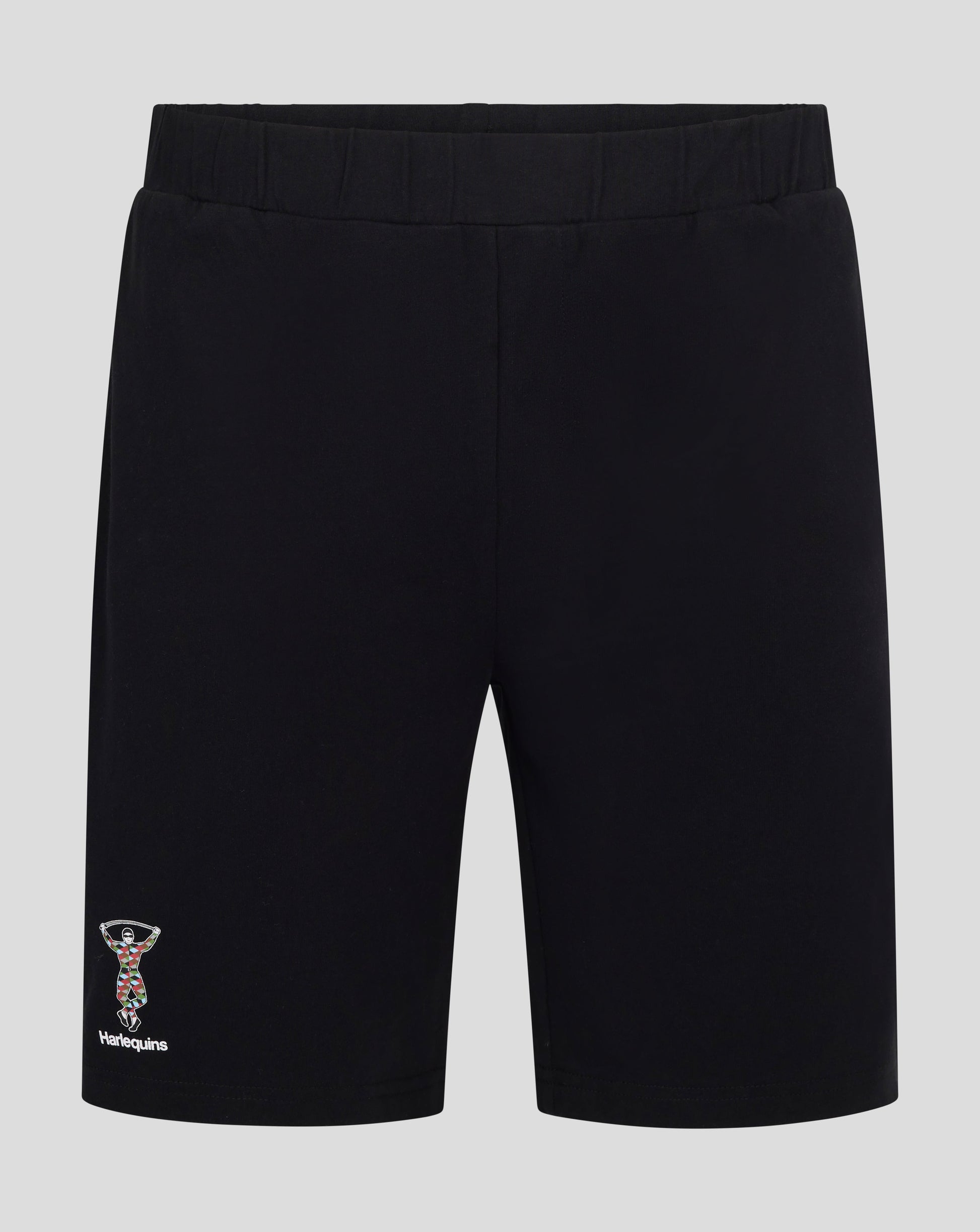 Back view of black Harlequins pajama shorts with an elastic waistband