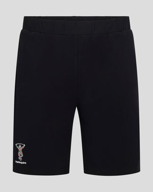 Back view of black Harlequins pajama shorts with an elastic waistband