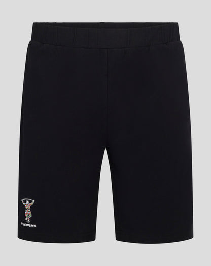Back view of black Harlequins pajama shorts with an elastic waistband
