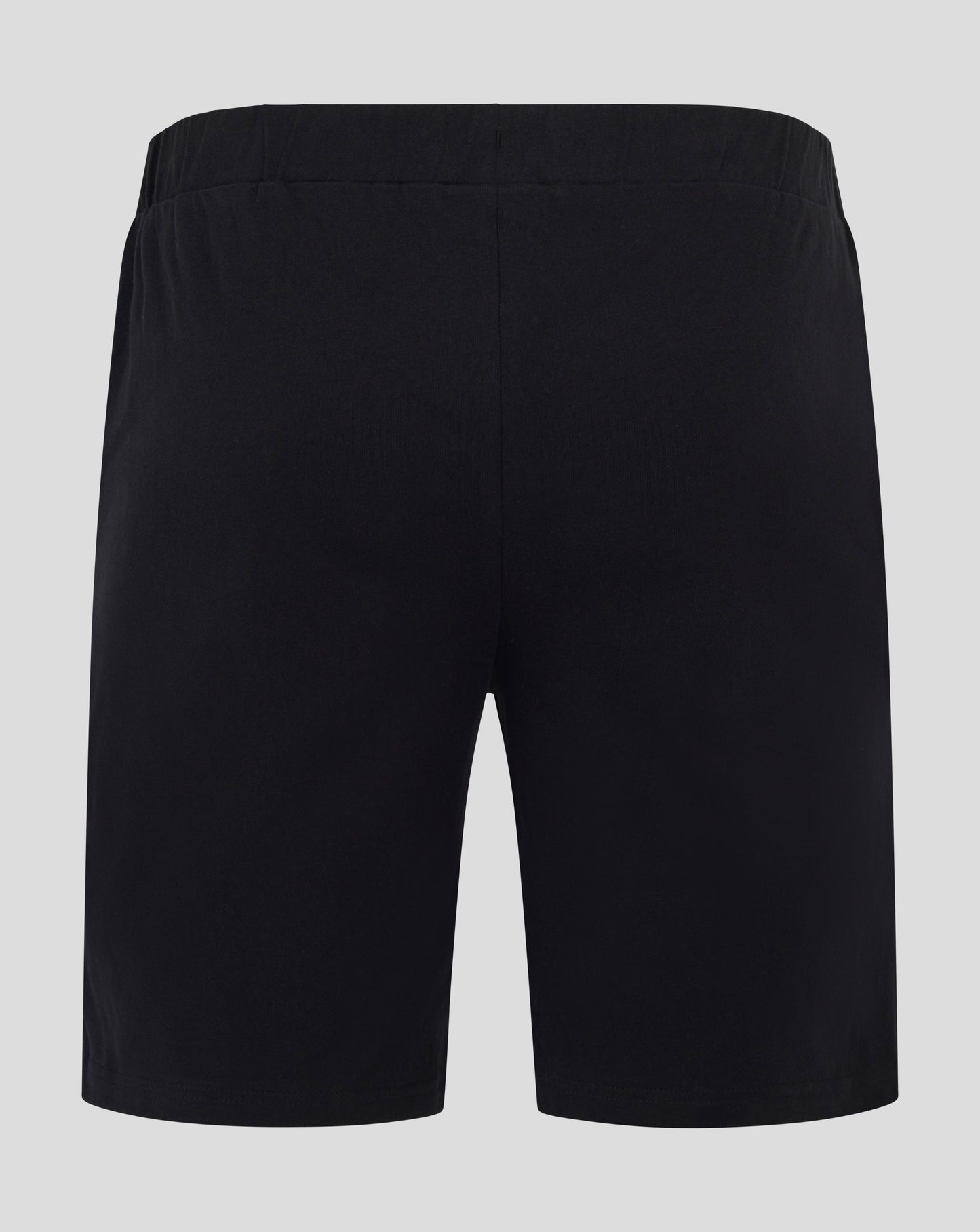 Front view of black Harlequins pajama shorts with a colorful Harlequin mascot near the hem