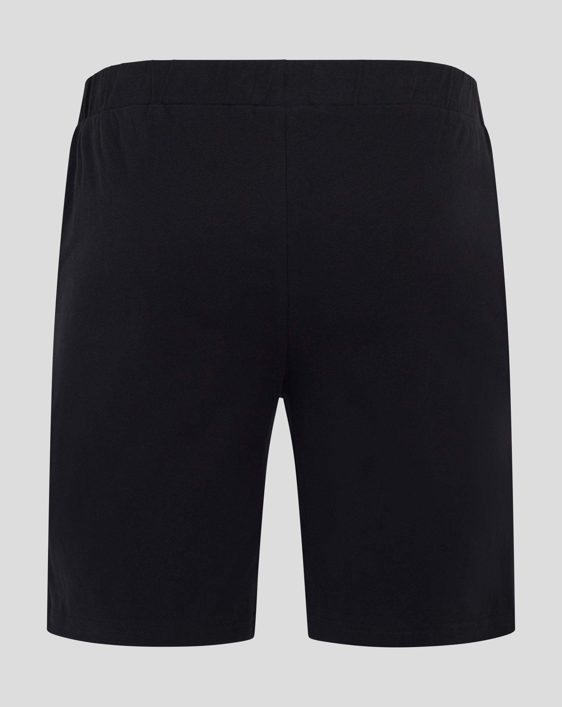 Front view of black Harlequins pajama shorts with a colorful Harlequin mascot near the hem